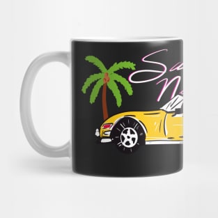 Ditsy 80s/90s Aesthetic Miami Pink Flamingo Exotic Car Pattern On Dark Blue Background Mug